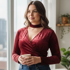 NEW•XL-1X•Maya Merlot Super Soft Velvet Choker Top